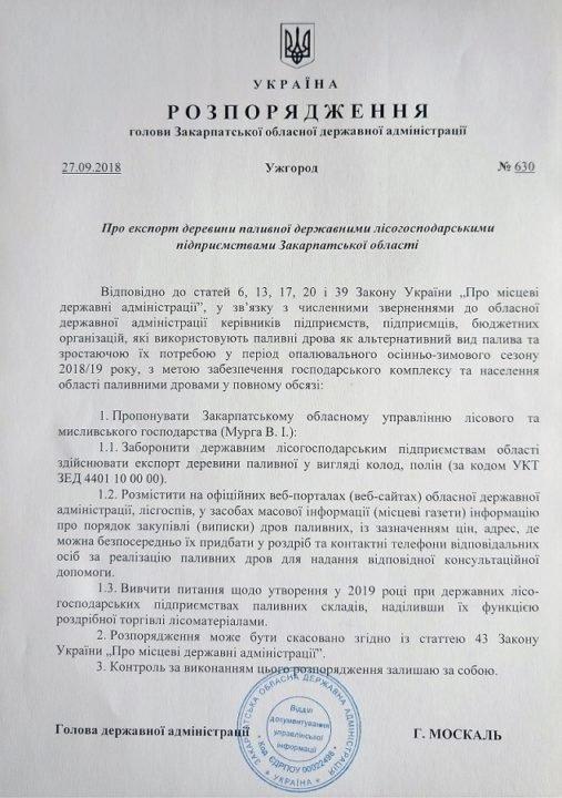 Москаль каже, що Закарпаттю не вистачає дров і заборонив їх продавати за кордон